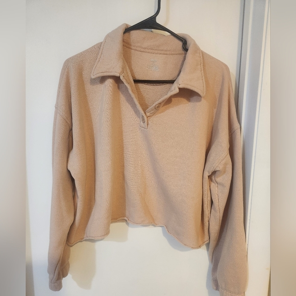 aerie Tops - aerie Cropped Fleece Polo Sweatshirt - Tan
